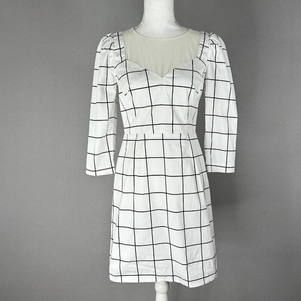 Milly Womens Dress 6 White Windowpane Check Mesh V-Neck Shift Cocktail Retro